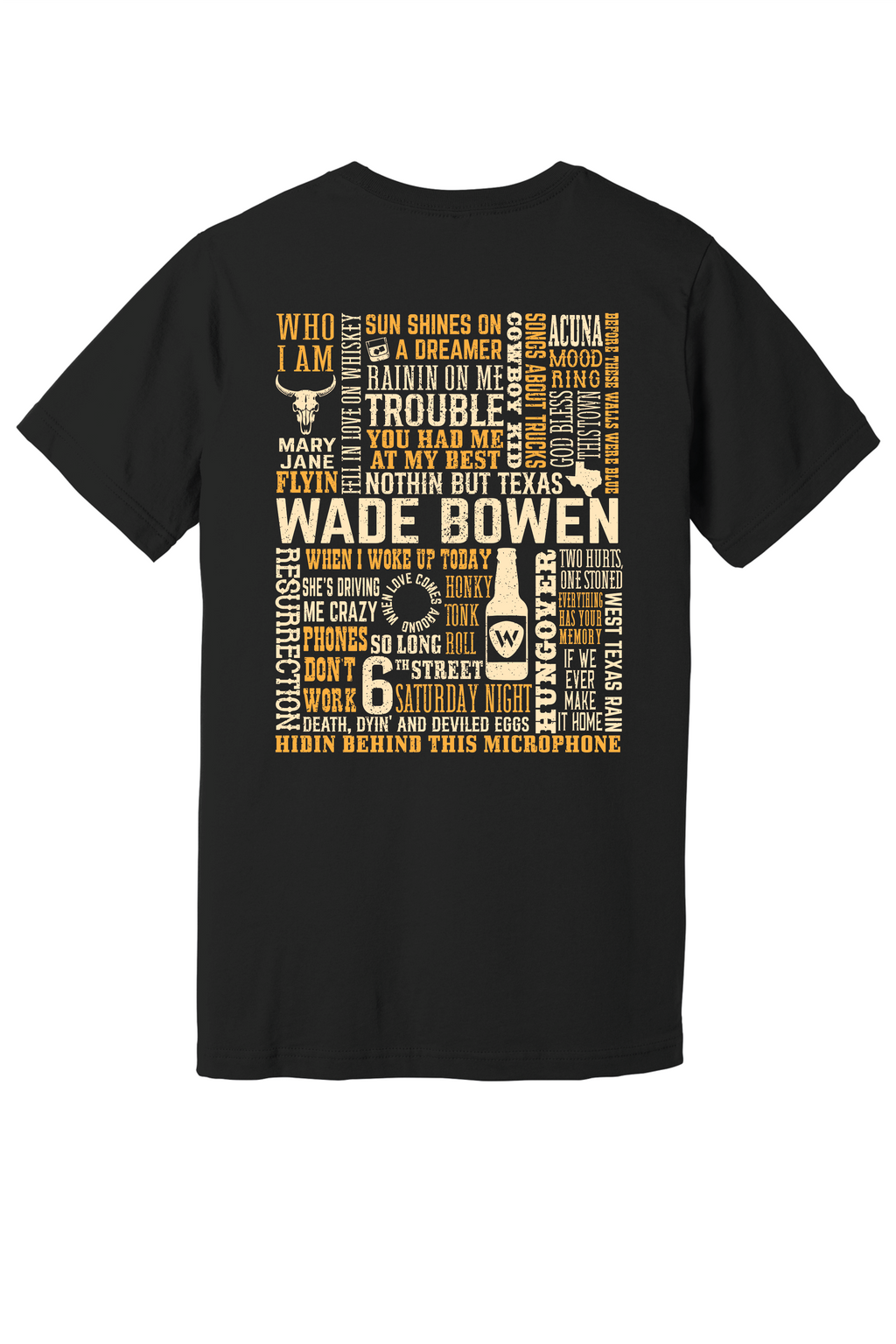 Black t-shirt with text design on a white background
