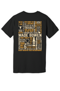 Black t-shirt with text design on a white background