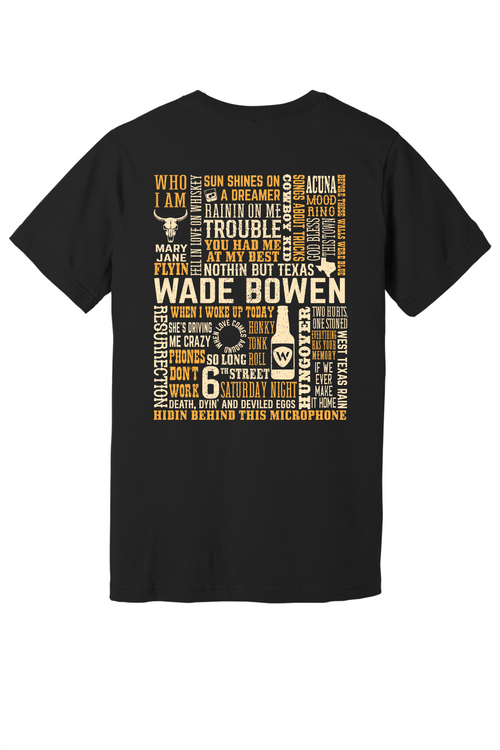 Black t-shirt with text design on a white background