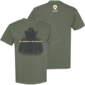 Green t-shirt with a graphic of a person wearing a cowboy hat and text on the front, and a logo on the back.