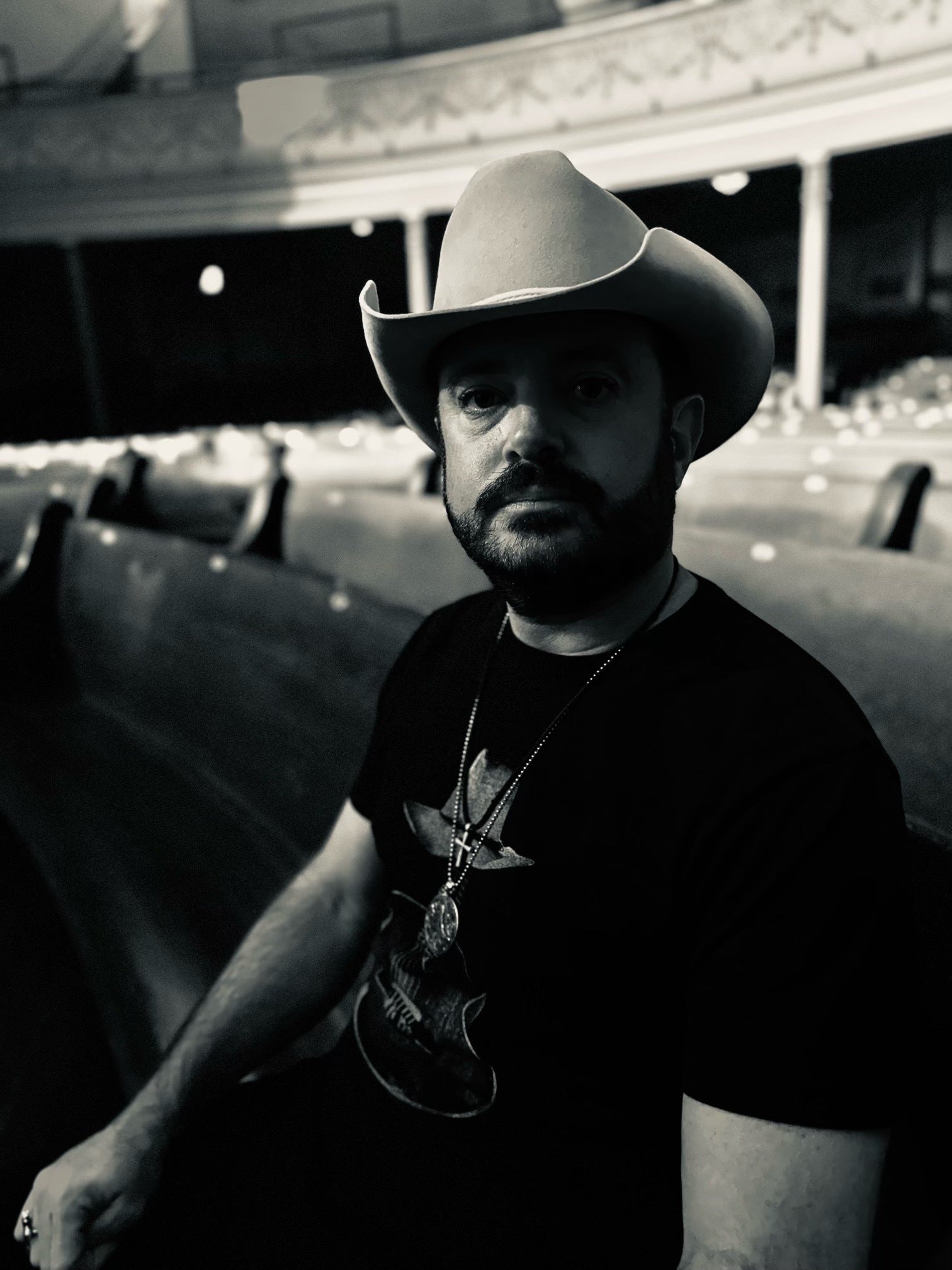 Black and white photo of Wade looking forward