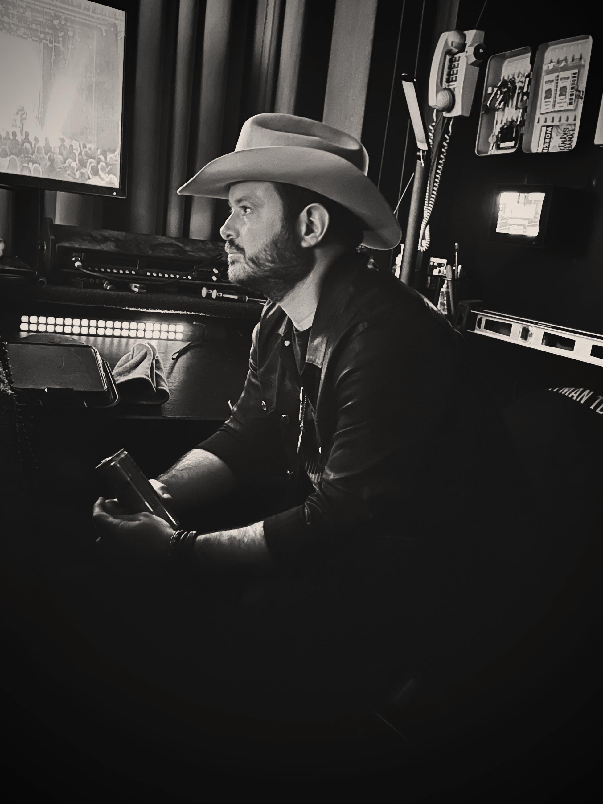 Black and white photo of Wade looking to the side